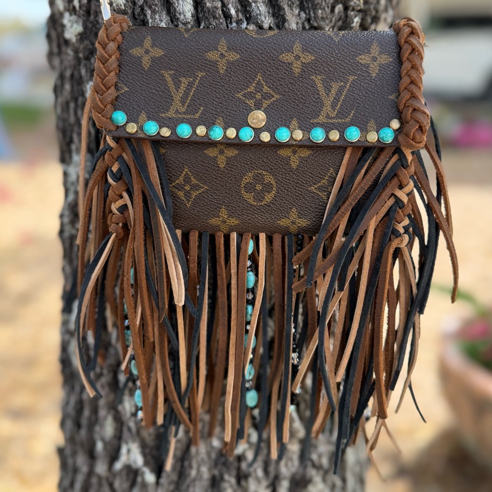 Louis Vuitton Brown Monogram Fringe Crossbody with Turquoise Studs